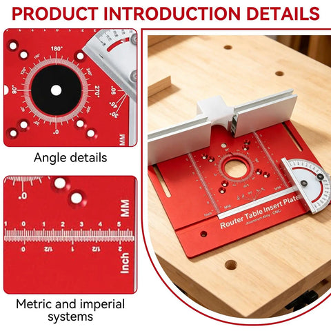 Heavy Duty Aluminum Router Table Insert Plate With Rock Solid Miter Guide Dual Metric Imperial Angle Scales And Rotating Sliding Ruler For Hassle Free Woodworking Setup Red with detailed angle and measurement scales.