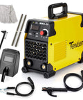 250A Arc Welder Kit With All In One Dual Voltage 110 220V Inverter Stick Welder VRD Hot Start For Easy DIY Welding Includes Electrode Holder Work Clamp Welding Mask Gloves Rods Brush And Everything You Need For Home Garage Projects, showing welder, cables, mask, rods, gloves, and brush.