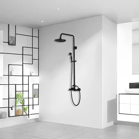Oil Rubbed Bronze Rain Shower System With 8 Inch Round Overhead Rain Shower Head And Handheld Spray Dual Function 2 Knob Mixer Wall Diverter Adjustable Slide Bar 27.5 To 47 Inches For A Modern Dope Bathroom Setup in a modern bathroom