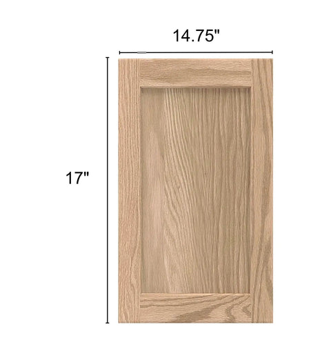 Killer Unfinished Oak Shaker Kitchen Cabinet Door Replacement 14 Width 17 Height showing precise dimensions and natural oak finish.