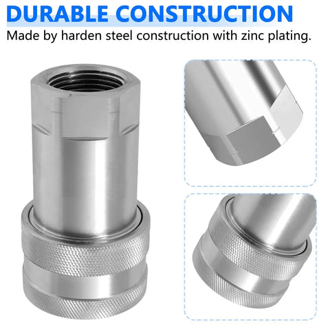 Close-up of the Heavy Duty Hydraulic Quick Connect Coupler Set 3/8 Inch NPT ISO 7241 A Pioneer Style With Dust Caps Poppet.