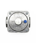 Propane gas pressure regulator with 3/4-in FNPT inlet/outlet, square metal body with blue adjustment port (front view).