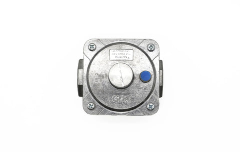 Propane gas pressure regulator with 3/4-in FNPT inlet/outlet, square metal body with blue adjustment port (front view).