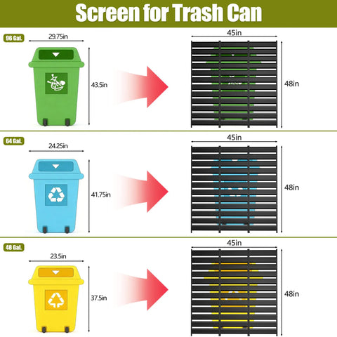 Customizable Outdoor Privacy Fence Screen Panels For Air Conditioners, Trash Cans, And Pool Equipment Enclosures, showing fit for trash cans of different sizes.