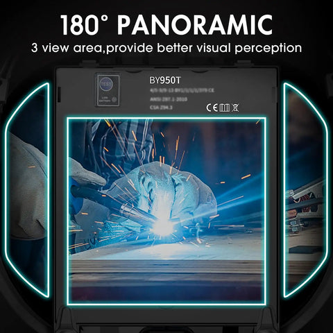 Panoramic 180 Degree Auto Darkening Welding Helmet With Large 3.94x3.74 Inch Viewing Area showcasing helmet in action