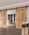 16 Ft Double Sliding Barn Door Hardware Track Kit With Straight Pulleys Heavy Duty Steel Black Powder Coated Finish for 48 Inch Wide Doors