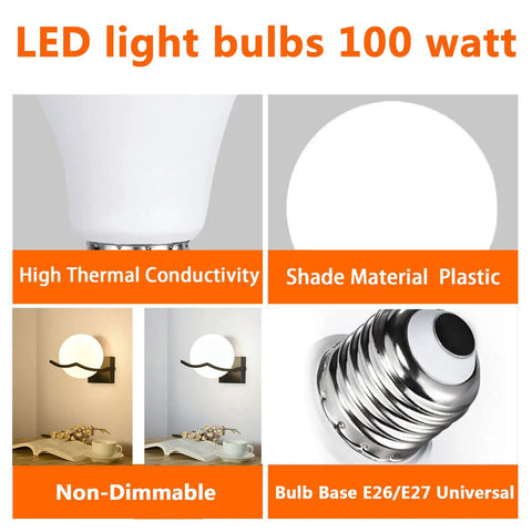 A19 LED Light Bulbs 6500K Cool White, 12.3W, 1710 Lumens, 100W Equivalent, E26 Medium Screw Base, Non Dimmable, No Flicker