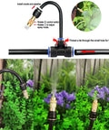 All-In-One Automatic Drip Irrigation Kit With 66Ft Tubing showing installation steps with nozzles and connectors in a garden setting.