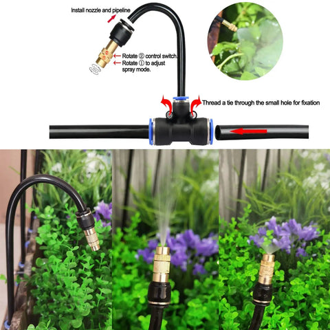 All-In-One Automatic Drip Irrigation Kit With 66Ft Tubing showing installation steps with nozzles and connectors in a garden setting.