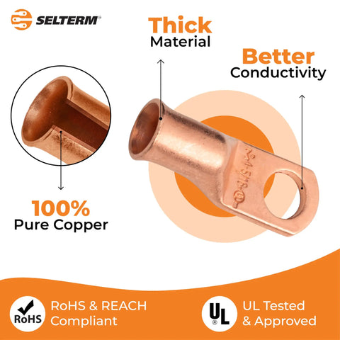 Detailed view of 25 Pack Heavy Duty 4 Gauge 5 Sixteenth Inch Ring Battery Lugs Bare Copper Stud Terminals For High Current Battery Cables Great For Car Truck Boat Electrical Systems