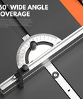 Close-up of Heavy Duty Precision Miter Gauge For Table Saw With Reliable Miter Fence and T Slot Fit for 160° angles.