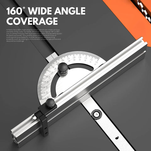 Close-up of Heavy Duty Precision Miter Gauge For Table Saw With Reliable Miter Fence and T Slot Fit for 160° angles.