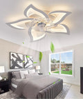 Low Profile 7 Blade Ceiling Fan With Lights Petal Flower Design Dimmable White Finish in modern bedroom
