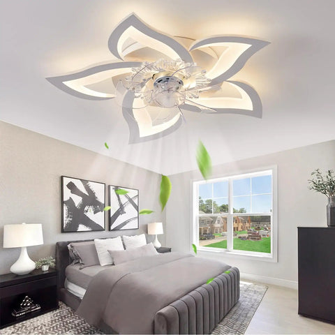 Low Profile 7 Blade Ceiling Fan With Lights Petal Flower Design Dimmable White Finish in modern bedroom