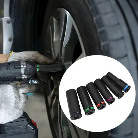 Half Inch Pneumatic Socket Set, 6 Piece Deep Sockets In Chrome Vanadium Steel, 10mm To 21mm, used for tire change with drill
