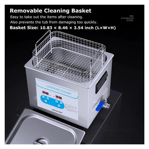 10 Liter Ultrasonic Cleaner With Heated Tank And Easy Turn Knobs To Beat Crud Off Carburetors and Heavy Duty Mechanic Tools In Every Weekend Garage Shop, showing removable cleaning basket.
