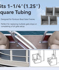 Gate Door Stop Hinge Set For Pontoon Boats Anti Rattle Left And Right Beefed Up Door Stopper For One And A Quarter Inch Square Tubing Marine Door Latch Replacement Injection Molded Boat Hinge Parts Four Pack showing square tubing and gate installation.