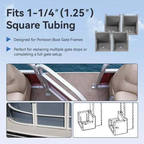 Gate Door Stop Hinge Set For Pontoon Boats Anti Rattle Left And Right Beefed Up Door Stopper For One And A Quarter Inch Square Tubing Marine Door Latch Replacement Injection Molded Boat Hinge Parts Four Pack showing square tubing and gate installation.