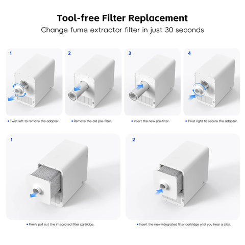 Tool-free replacement steps for Fume Extractor Filter Set For Compatible Units With HEPA Plus Activated Carbon Five Stage Filtration.