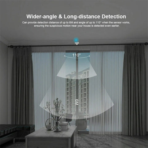 ZigBee Motion Sensor 2-Pack Wireless Motion Detector demonstrating wide-angle detection in a living room setting.