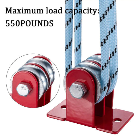 Heavy Duty Beefy Double Pulley Hoist System With 65 Feet Nylon Rope Ball Bearing Steel Pulleys Smooth Quiet Lift, 550 lb capacity