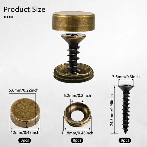 Rock Solid Brass Decorative Screws With Caps For Furniture Cabinet And Mirror Install Self Tapping Wood Hardware Anti Rust Knockout Look Easy Diy Upgrade 12mm 8 Piece Set size dimensions illustration