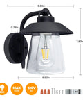 Top Shelf Premium Matte Black Wall Lantern With Slick Clear Glass Panel Rock Solid Weather Resistant Barn Sconce For Front Porch And Outdoor Patio Standard E26 Base Lighting Upgrade showing dimensions and mounting kit.