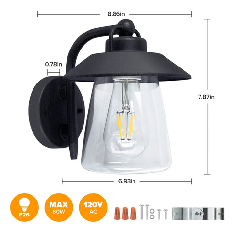 Top Shelf Premium Matte Black Wall Lantern With Slick Clear Glass Panel Rock Solid Weather Resistant Barn Sconce For Front Porch And Outdoor Patio Standard E26 Base Lighting Upgrade showing dimensions and mounting kit.
