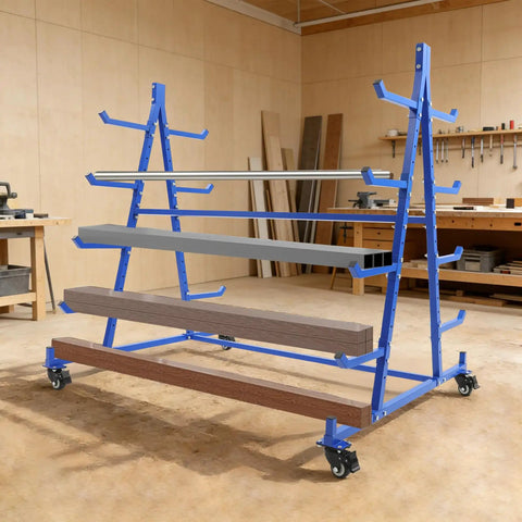 Heavy Duty Mobile Cantilever Storage Rack With Rugged Wheels, 5 Tier Double Side Pipe Lumber Organizer in a workshop setting.