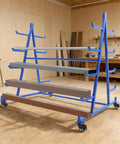Built Tough Double Sided Storage Rack With Wheels Heavy Duty 5 Tier Rolling Cart 500 Pounds Capacity Blue Steel Frame in workshop