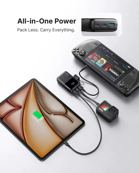 Hella Compact 10000 Mah Pocket Power Bank With Blazing 45W Fast Charging For Smartphones And Tablets charging a tablet and gaming device.