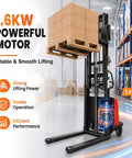 Walkie Pallet Stacker Semi Electric 3300 Lb Capacity 94 Inch Lift Height 48 Volt Battery Powered with 1.6KW motor lifting pallets.