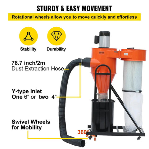 2 HP Dust Collector Beast For Your Shop With 1167 CFM Portable Vortex System showing inlet options and swivel wheels
