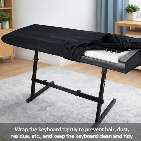 Stretchy 88 Key Digital Piano Dust Cover protects keyboard from dust and spills, black fabric on keyboard with storage bag.