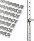 Heavy Duty 17 Inch Pilaster Shelf Brackets Set Of 8 Adjustable Mortise Wall Rails Featuring Rust Proof Galvanized Carbon Steel, displayed with a wall rail.