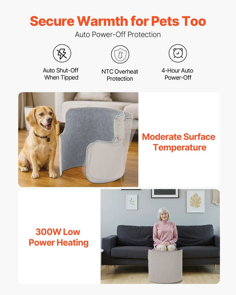 Under Desk Rollable Foot Warmer Pad With Remote, Cozy Yet Powerful, Quiet Personal Electric Round Surround Heating Pad shown with pet and user