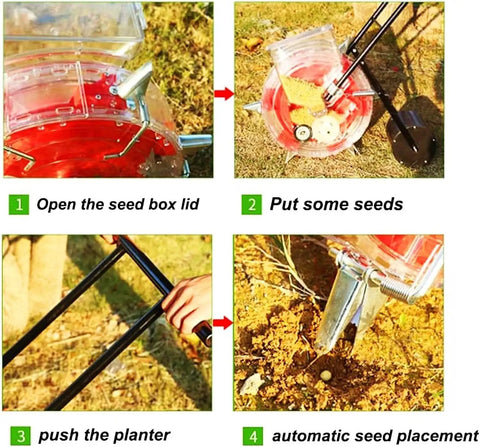 Manual Seed Spreader Handheld Seeder And Fertilizer Applicator showing steps of seed planting process