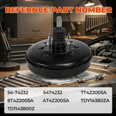 Straight Swap Vacuum Power Brake Booster Built Tough for Smooth Stops, shown on workbench with part numbers visible.