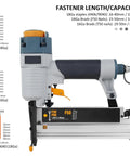 Heavy Duty 16 Ga And 18 Ga Pneumatic Brad Nailer Featuring Slick Depth Adjustment Knobs Hella Comfortable Grip for precise fastener length adjustment.