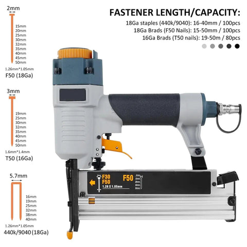 Heavy Duty 16 Ga And 18 Ga Pneumatic Brad Nailer Featuring Slick Depth Adjustment Knobs Hella Comfortable Grip for precise fastener length adjustment.