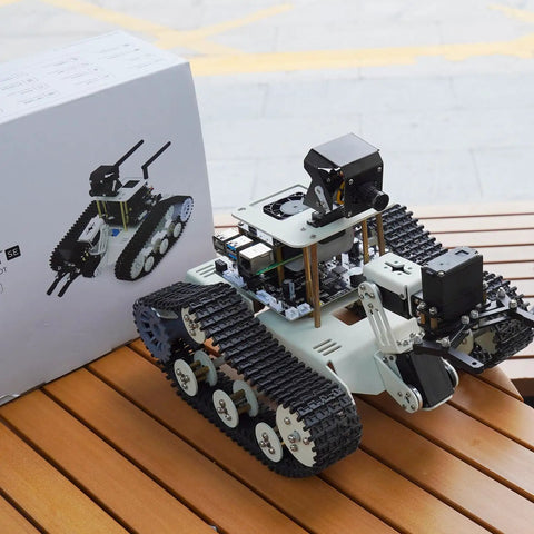 DIY Programmable ROS Tank Robot Kit With AI Camera For Jetson Nano B01 Recognition Tracking OpenCV And MediaPipe Vision Transbot SE Without Nano Starter Tank Chassis on table