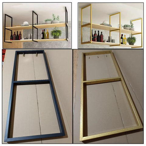 Ridiculously Sturdy Heavy Duty Floating Shelf Brackets With Mounting Hardware Two Tier Ceiling Mount Metal Supports No Plank Included Matte Black 3 Pack displaying black and gold designs.