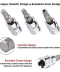 Chamfered tips of 107 Piece Drive Socket Set with 1/4 3/8 and 1/2 inch bits, Torx tamper proof, hex design for smooth insertion.