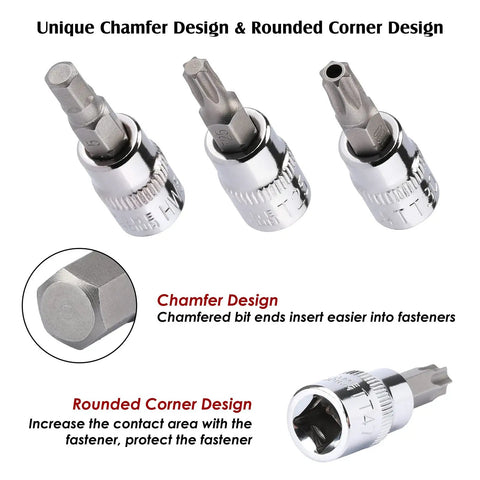 Chamfered tips of 107 Piece Drive Socket Set with 1/4 3/8 and 1/2 inch bits, Torx tamper proof, hex design for smooth insertion.