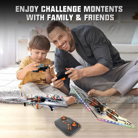 Father and son flying Three In One RC Jet Plane Ready To Fly Remote Control Airplane For Air Land And Water Modes A Fighter Jet Drone