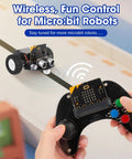 Wireless Controller For MicroBit Robots Kit With MakeCode Compatibility Easy HandsOn Coding Toy For STEM Learning Kid Friendly Remote Controller For Building Robots Ideal Gift For Kids And Teens MicroBit Not Included. black plastic controller with joystick and buttons steering Micro:bit robot