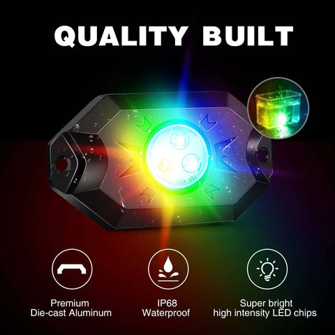 Quality built RGB rock light from Lit 3Ft RGB LED Whip Light And Four Pack Rock Lights Kit with Bluetooth app for ATV UTV.
