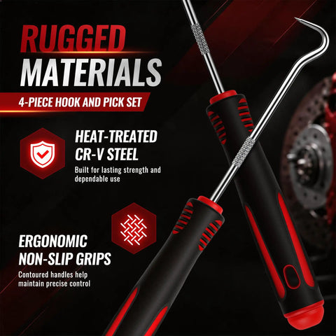 4 Piece Hook and Pick Set for O Ring, Seal and Gasket Removal with Slim Tips and Non Slip Grips for Tight Automotive Spaces An Essential Tool for Automotive Enthusiasts and DIYers Who Need to Grab Hard to Reach O Rings and Seals, heat-treated CR-V steel