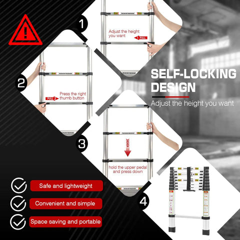 Steps showing how to use the 12.5 Foot Telescoping Aluminum Ladder With Non Slip Feet For Home And Outdoor DIY Use with locking mechanism.