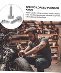 Premium Stainless Steel Retractable Spring Plunger Featuring Knurled Handle Locking Indexing Pin Quick Release Pull Ring for use in workshops.